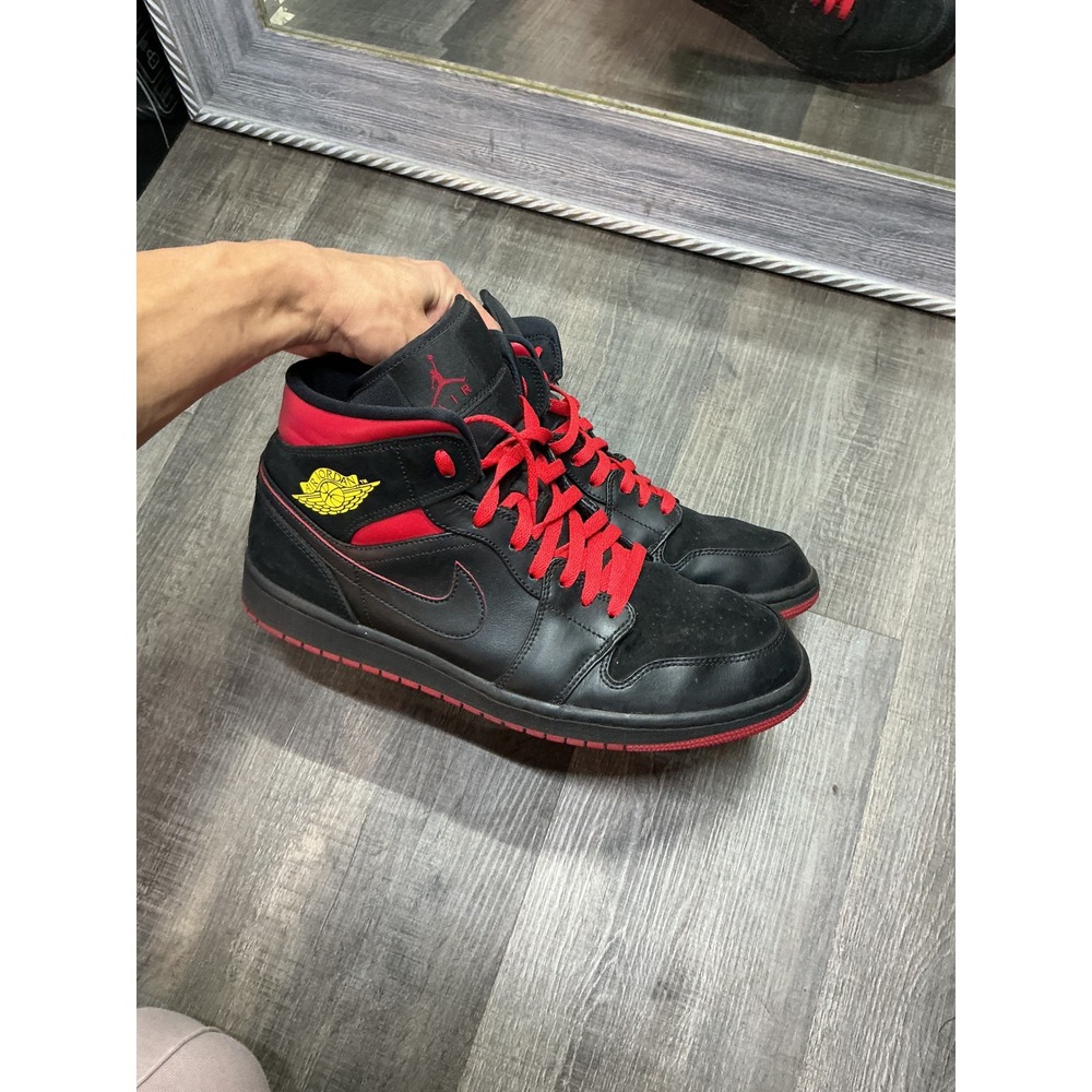 Air Jordan 1 Mid Black Red Yellow Sneakers 554724-076 Mens Size 11